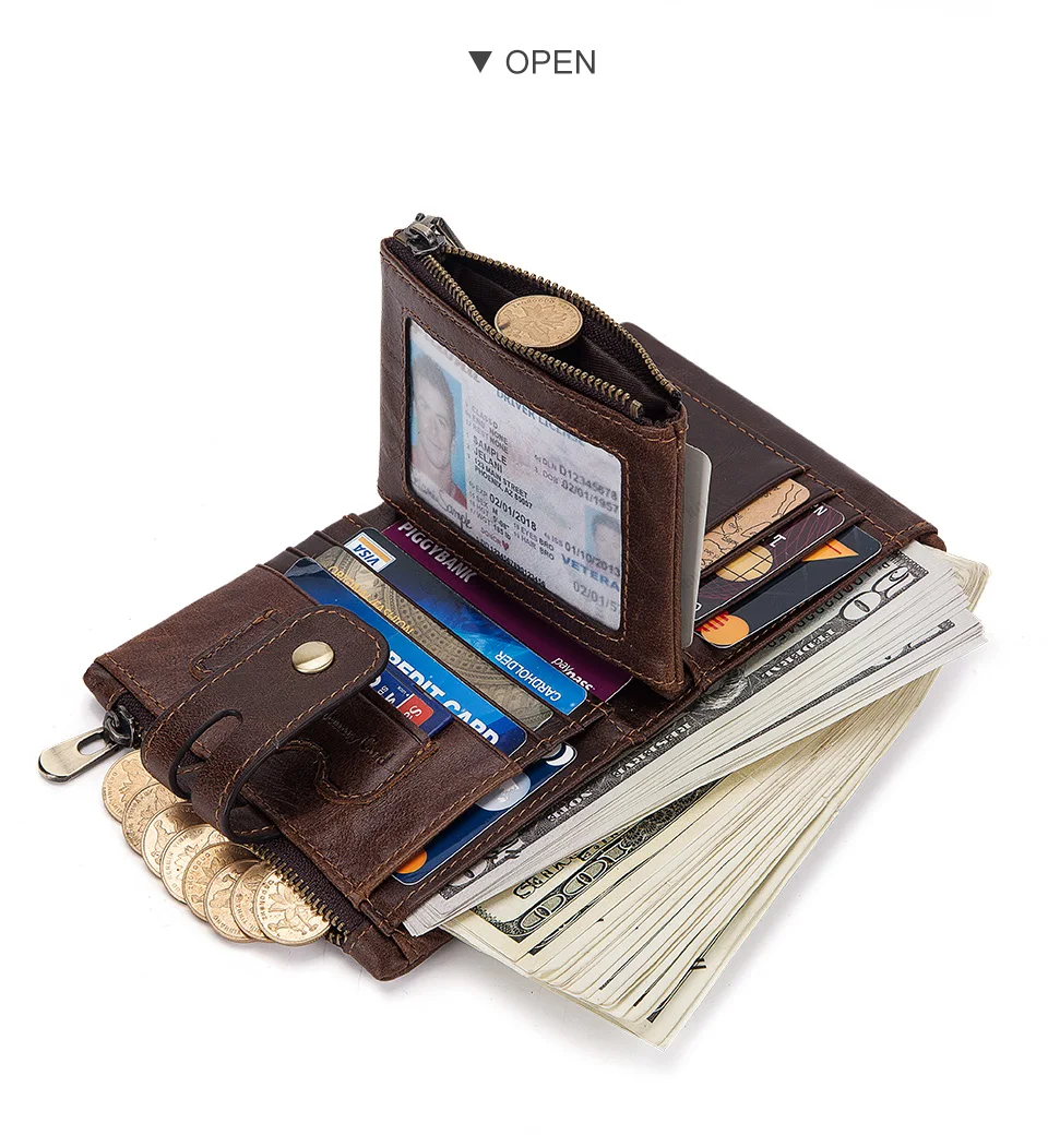 HUMERPAUL Genuine Leather Wallet With Cowhide For Men Money Purse Short Card Holder Double Zipper Male Bifold Coin Pocket RFID