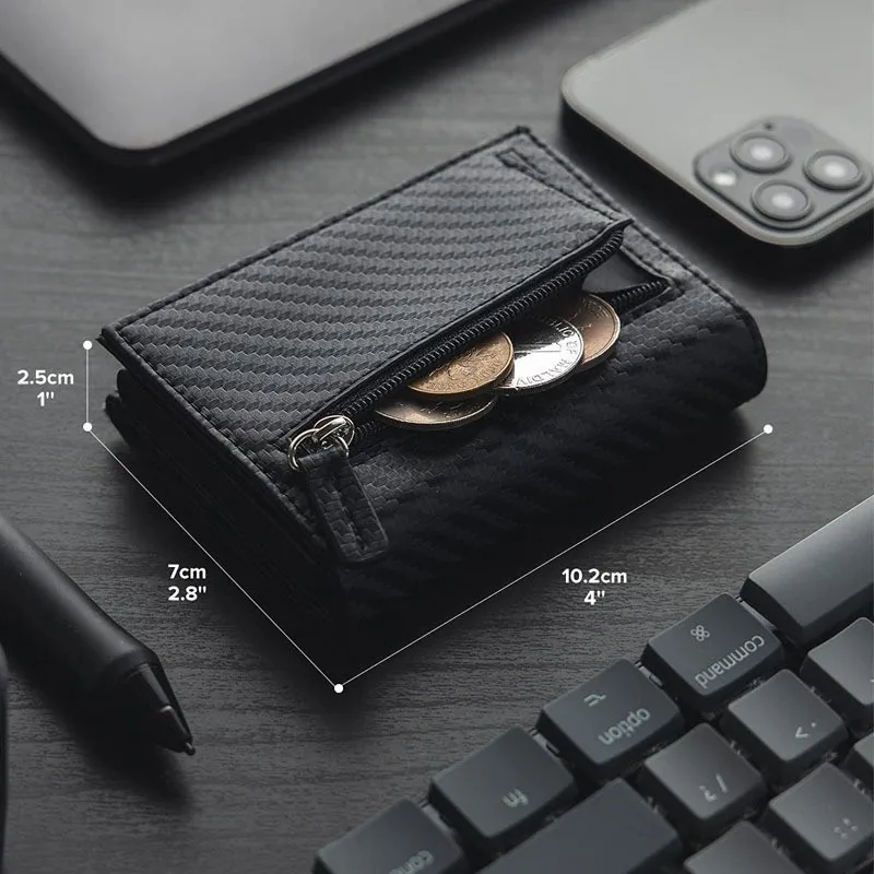RFID Blocking Automatic Pop-Up Card Holder with Coin Compartments, Carbon Fiber & Aluminum Men's Bifold Wallet, Slim Money Purse