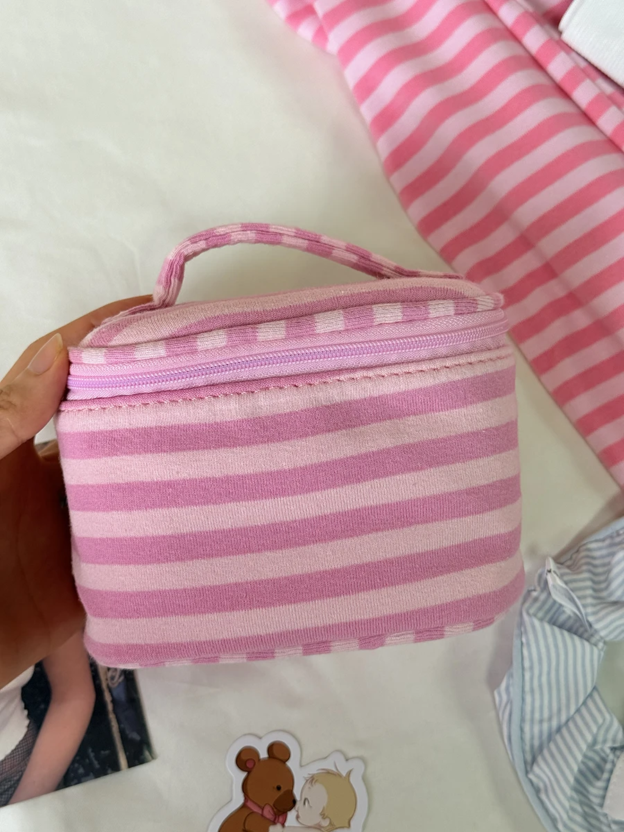 Mirror Pink Striped Makeup Bag Women Fashion Portable Zipper Cosmetic Travel Organizer Girls Cute Sweet Handbag Toiletry Pouch