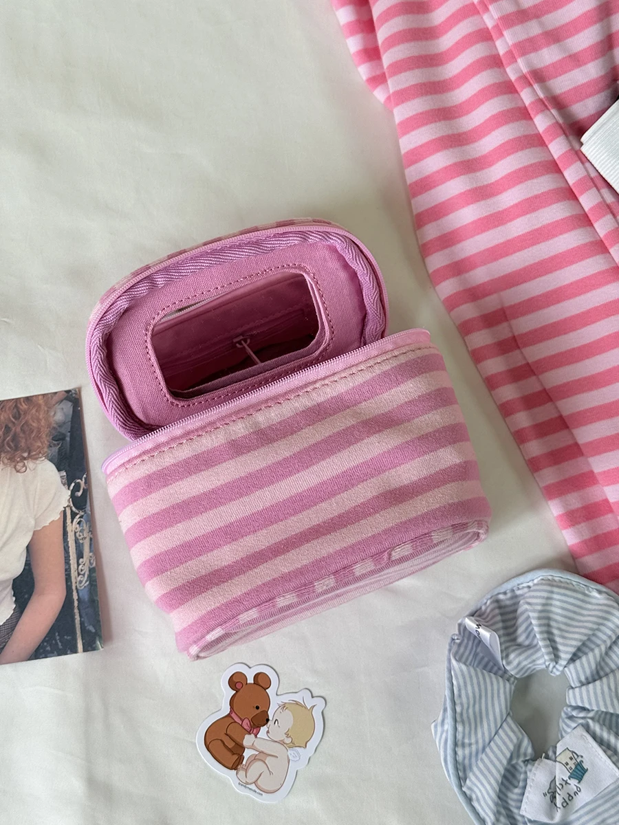 Mirror Pink Striped Makeup Bag Women Fashion Portable Zipper Cosmetic Travel Organizer Girls Cute Sweet Handbag Toiletry Pouch