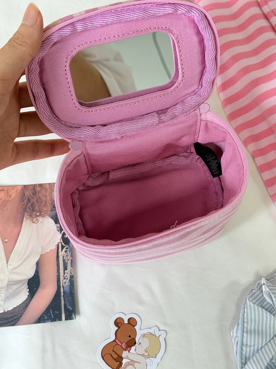 Mirror Pink Striped Makeup Bag Women Fashion Portable Zipper Cosmetic Travel Organizer Girls Cute Sweet Handbag Toiletry Pouch