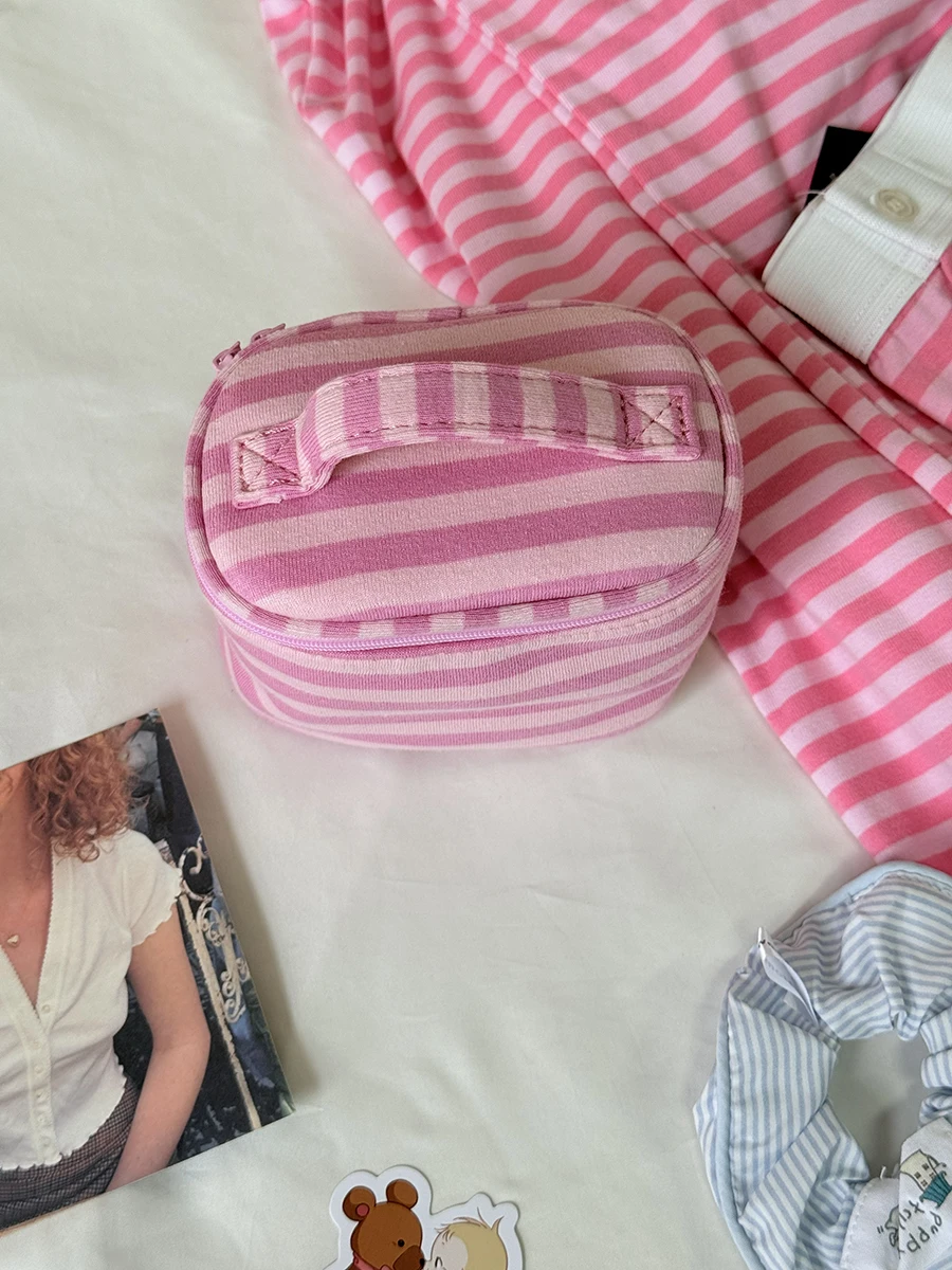 Mirror Pink Striped Makeup Bag Women Fashion Portable Zipper Cosmetic Travel Organizer Girls Cute Sweet Handbag Toiletry Pouch