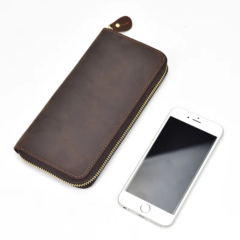 Luxury Double Zipper Women Men Long Wallet Vintage Leather Male Clutch Purse Man Phone Card Coin 100% Genuine Leather Men Wallet