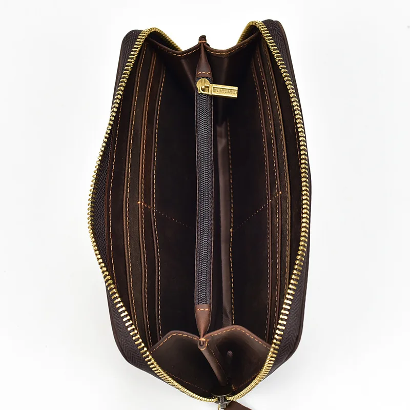 Luxury Double Zipper Women Men Long Wallet Vintage Leather Male Clutch Purse Man Phone Card Coin 100% Genuine Leather Men Wallet