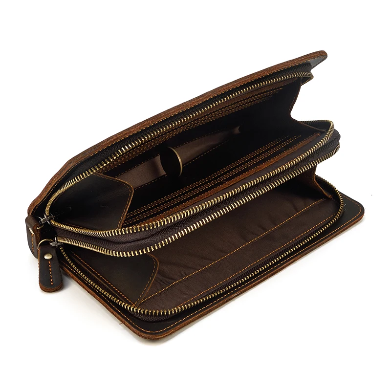 Luxury Double Zipper Women Men Long Wallet Vintage Leather Male Clutch Purse Man Phone Card Coin 100% Genuine Leather Men Wallet