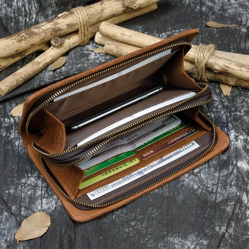Luxury Double Zipper Women Men Long Wallet Vintage Leather Male Clutch Purse Man Phone Card Coin 100% Genuine Leather Men Wallet