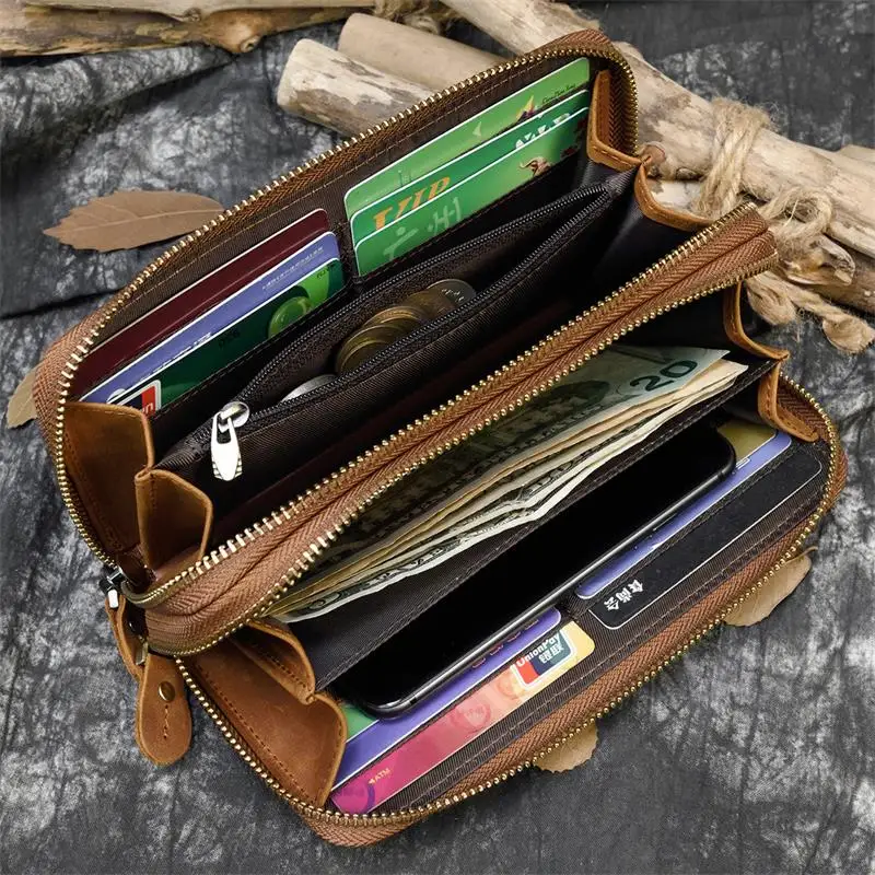 Luxury Double Zipper Women Men Long Wallet Vintage Leather Male Clutch Purse Man Phone Card Coin 100% Genuine Leather Men Wallet