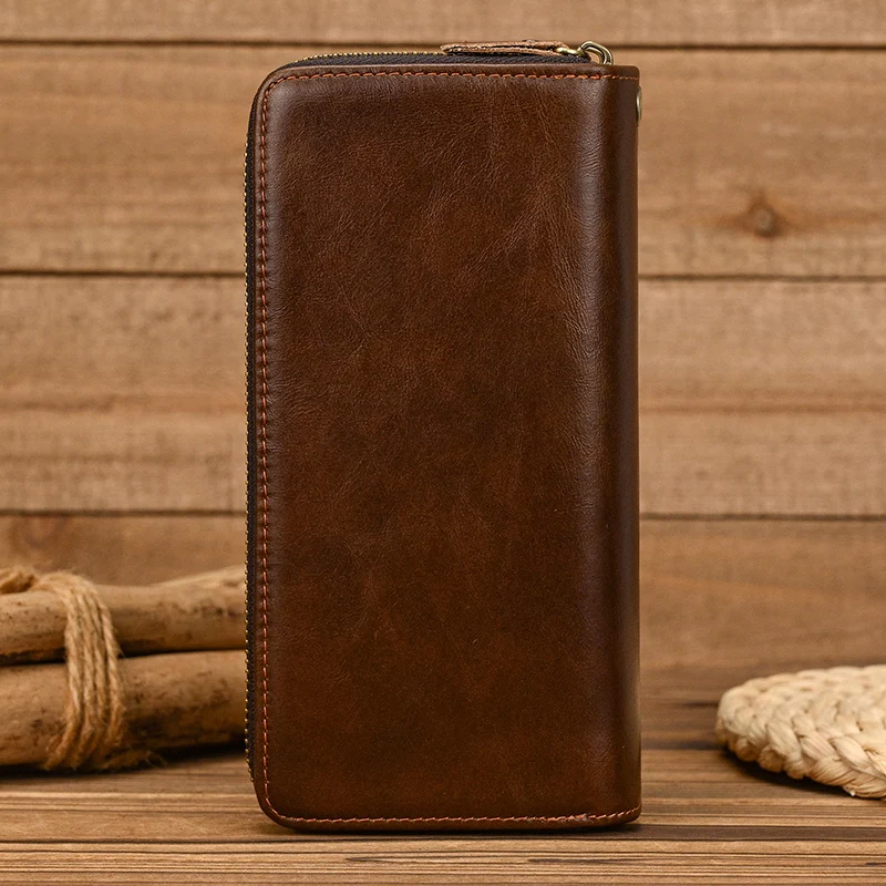 Luxury Double Zipper Women Men Long Wallet Vintage Leather Male Clutch Purse Man Phone Card Coin 100% Genuine Leather Men Wallet