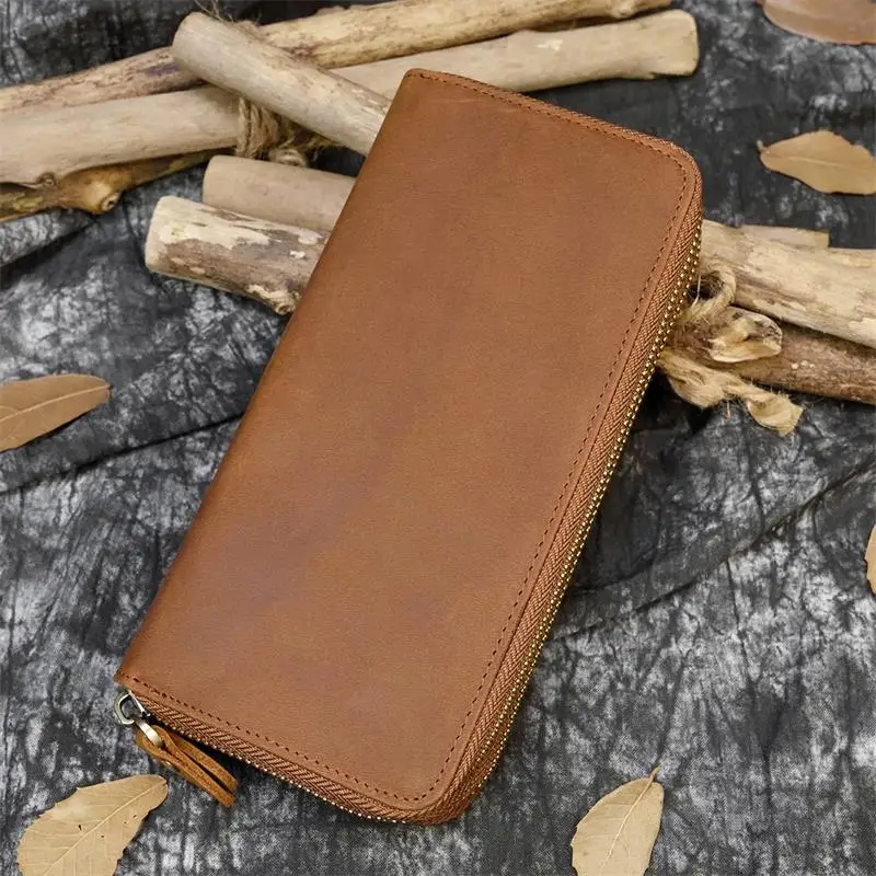 Luxury Double Zipper Women Men Long Wallet Vintage Leather Male Clutch Purse Man Phone Card Coin 100% Genuine Leather Men Wallet