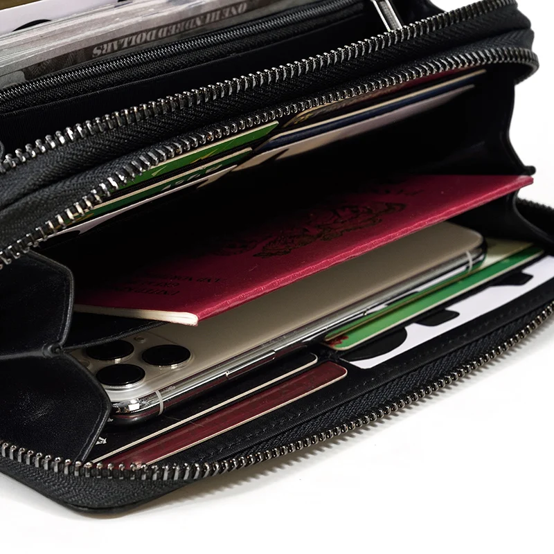 Luxury Double Zipper Women Men Long Wallet Vintage Leather Male Clutch Purse Man Phone Card Coin 100% Genuine Leather Men Wallet