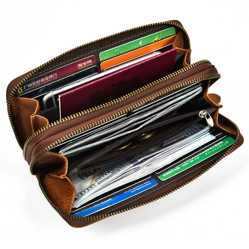 Luxury Double Zipper Women Men Long Wallet Vintage Leather Male Clutch Purse Man Phone Card Coin 100% Genuine Leather Men Wallet