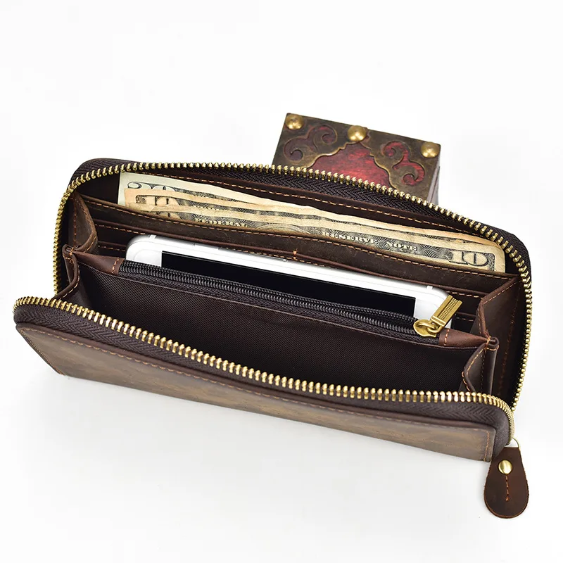 Luxury Double Zipper Women Men Long Wallet Vintage Leather Male Clutch Purse Man Phone Card Coin 100% Genuine Leather Men Wallet