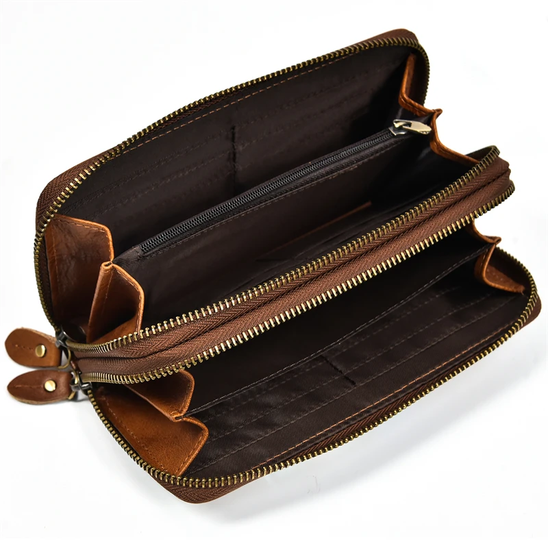 Luxury Double Zipper Women Men Long Wallet Vintage Leather Male Clutch Purse Man Phone Card Coin 100% Genuine Leather Men Wallet