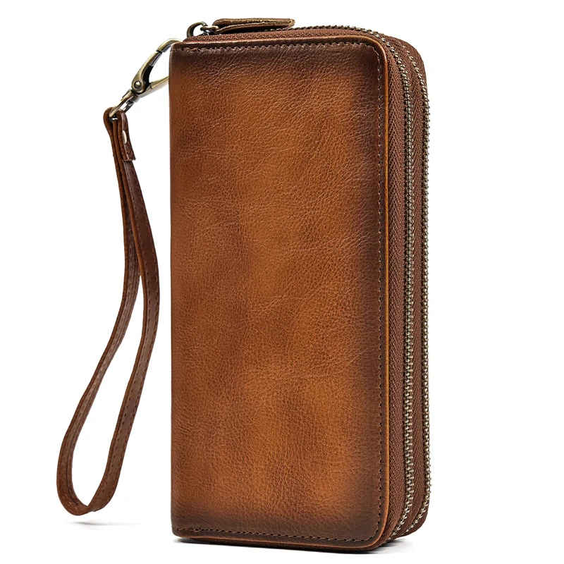 Luxury Double Zipper Women Men Long Wallet Vintage Leather Male Clutch Purse Man Phone Card Coin 100% Genuine Leather Men Wallet