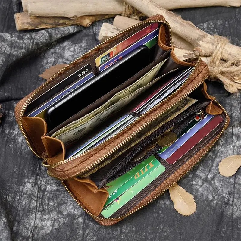 Luxury Double Zipper Women Men Long Wallet Vintage Leather Male Clutch Purse Man Phone Card Coin 100% Genuine Leather Men Wallet