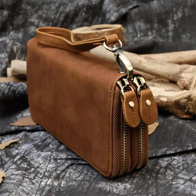 Luxury Double Zipper Women Men Long Wallet Vintage Leather Male Clutch Purse Man Phone Card Coin 100% Genuine Leather Men Wallet