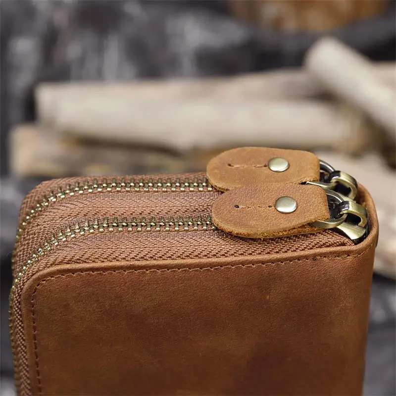 Luxury Double Zipper Women Men Long Wallet Vintage Leather Male Clutch Purse Man Phone Card Coin 100% Genuine Leather Men Wallet