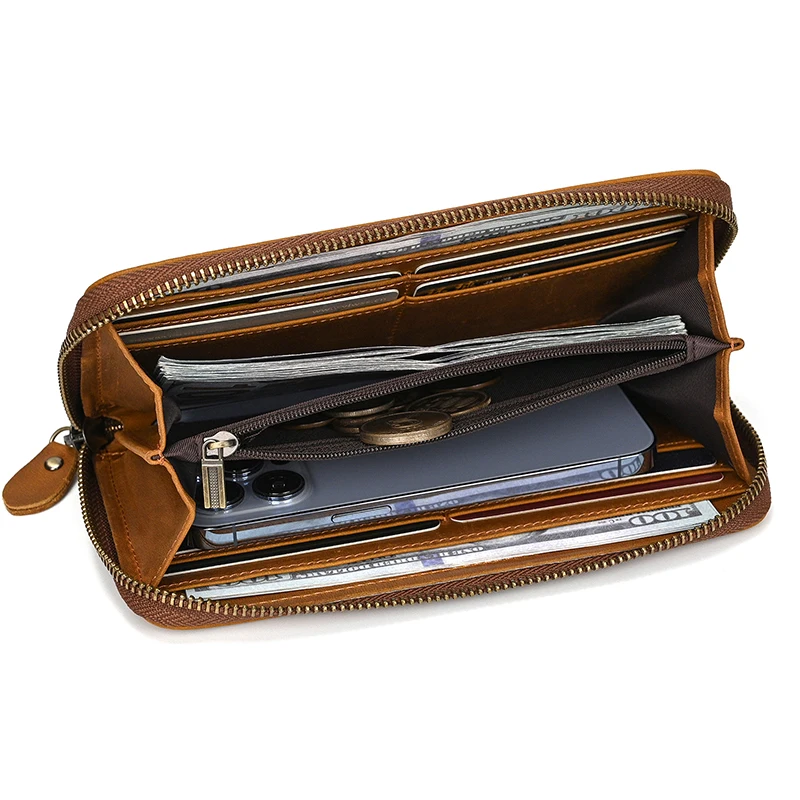 Luxury Double Zipper Women Men Long Wallet Vintage Leather Male Clutch Purse Man Phone Card Coin 100% Genuine Leather Men Wallet