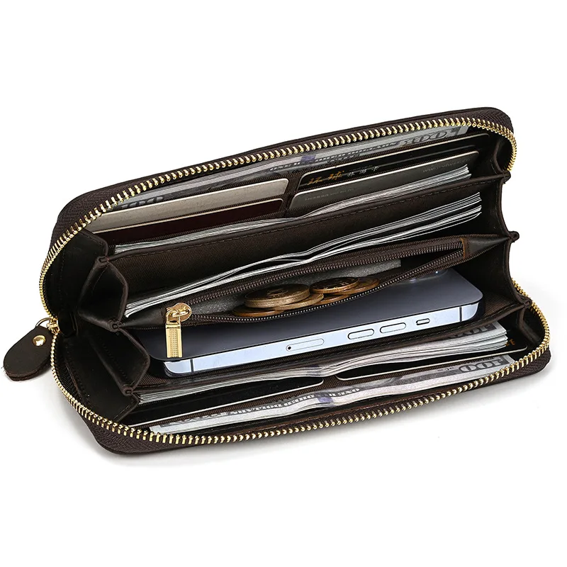 Luxury Double Zipper Women Men Long Wallet Vintage Leather Male Clutch Purse Man Phone Card Coin 100% Genuine Leather Men Wallet