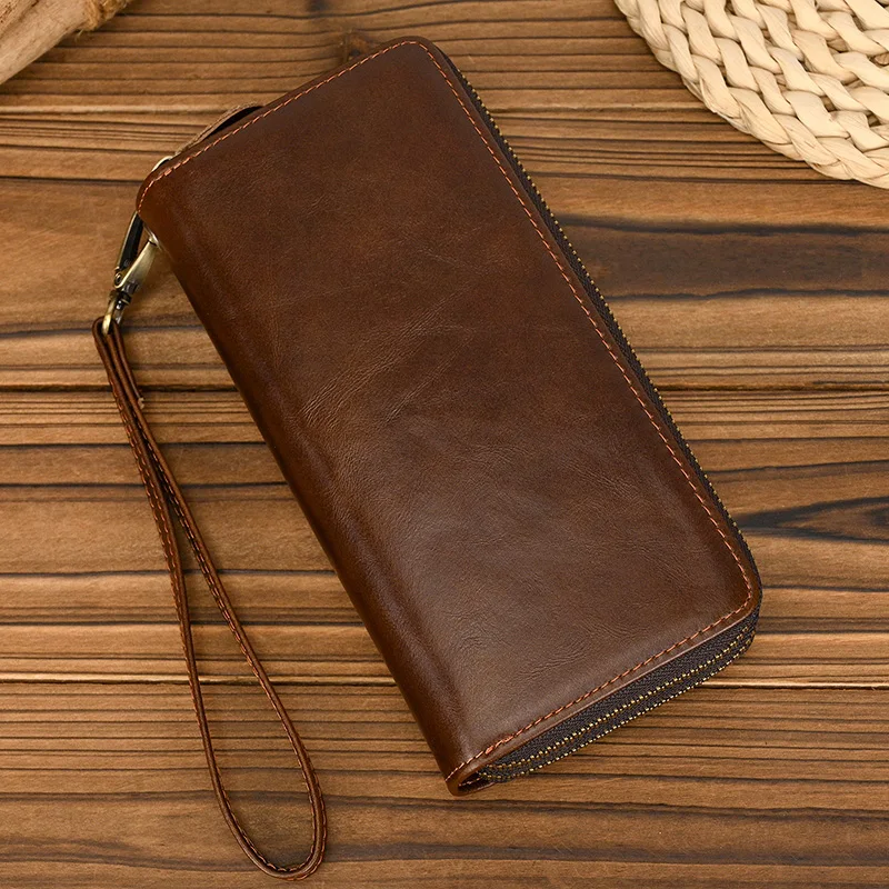 Luxury Double Zipper Women Men Long Wallet Vintage Leather Male Clutch Purse Man Phone Card Coin 100% Genuine Leather Men Wallet