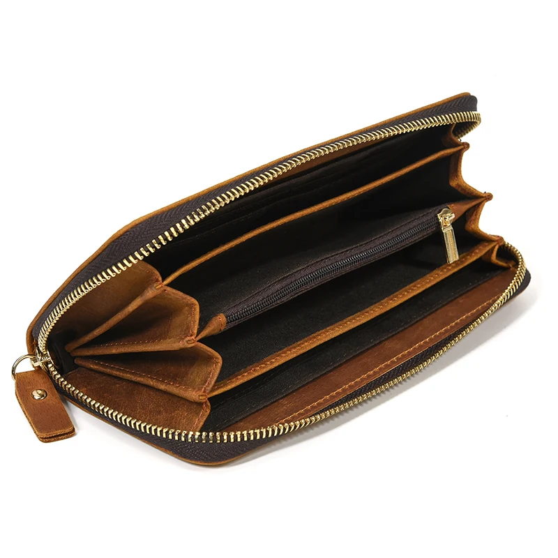Luxury Double Zipper Women Men Long Wallet Vintage Leather Male Clutch Purse Man Phone Card Coin 100% Genuine Leather Men Wallet