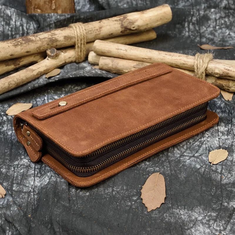 Luxury Double Zipper Women Men Long Wallet Vintage Leather Male Clutch Purse Man Phone Card Coin 100% Genuine Leather Men Wallet