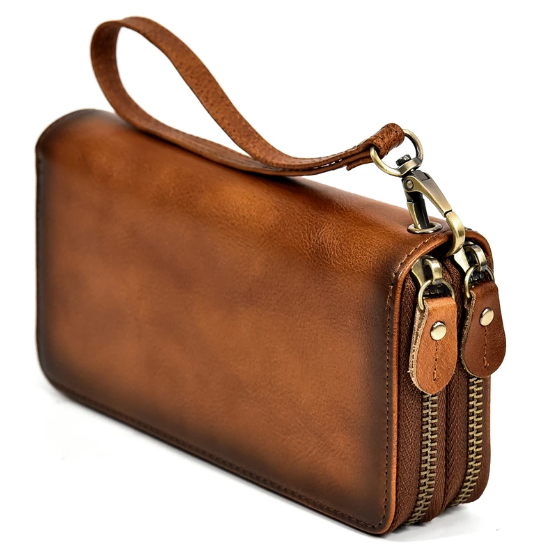Luxury Double Zipper Women Men Long Wallet Vintage Leather Male Clutch Purse Man Phone Card Coin 100% Genuine Leather Men Wallet