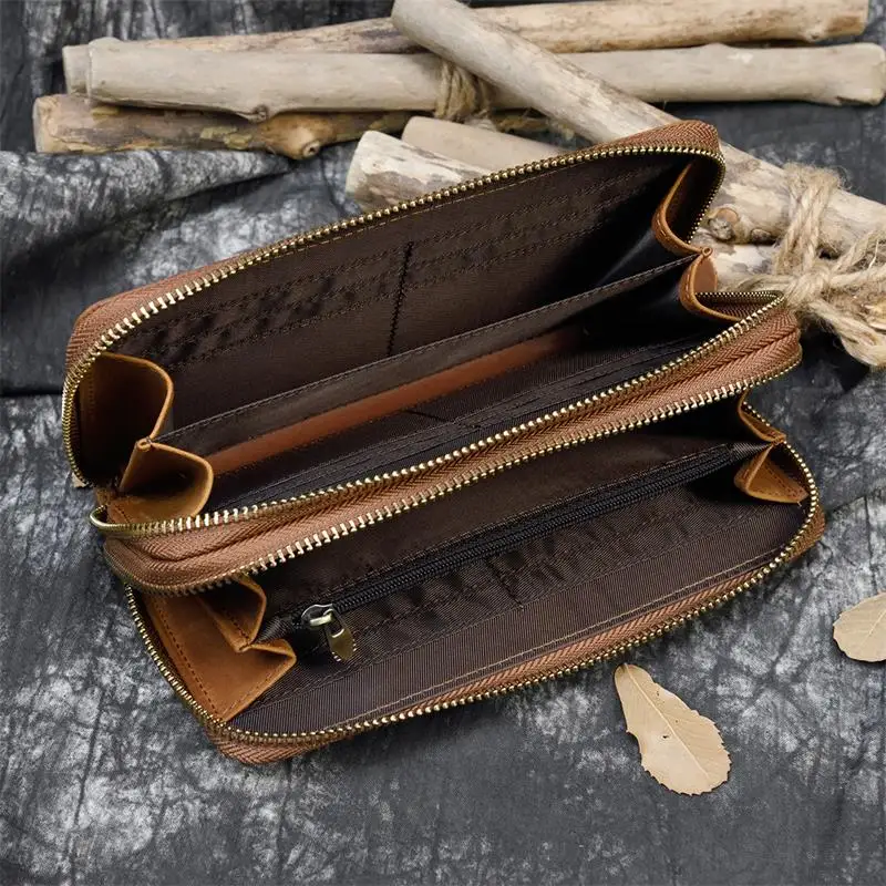 Luxury Double Zipper Women Men Long Wallet Vintage Leather Male Clutch Purse Man Phone Card Coin 100% Genuine Leather Men Wallet