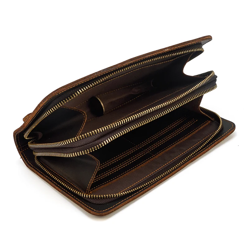 Luxury Double Zipper Women Men Long Wallet Vintage Leather Male Clutch Purse Man Phone Card Coin 100% Genuine Leather Men Wallet