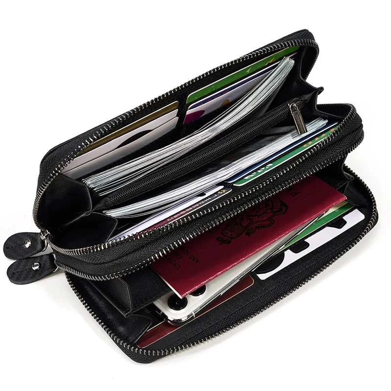 Luxury Double Zipper Women Men Long Wallet Vintage Leather Male Clutch Purse Man Phone Card Coin 100% Genuine Leather Men Wallet