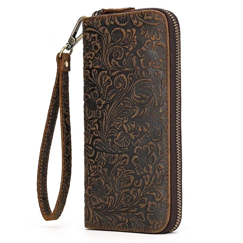 Luxury Double Zipper Women Men Long Wallet Vintage Leather Male Clutch Purse Man Phone Card Coin 100% Genuine Leather Men Wallet