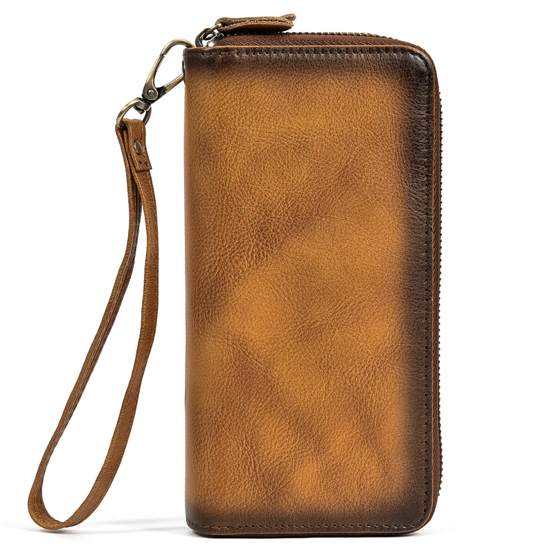 Luxury Double Zipper Women Men Long Wallet Vintage Leather Male Clutch Purse Man Phone Card Coin 100% Genuine Leather Men Wallet