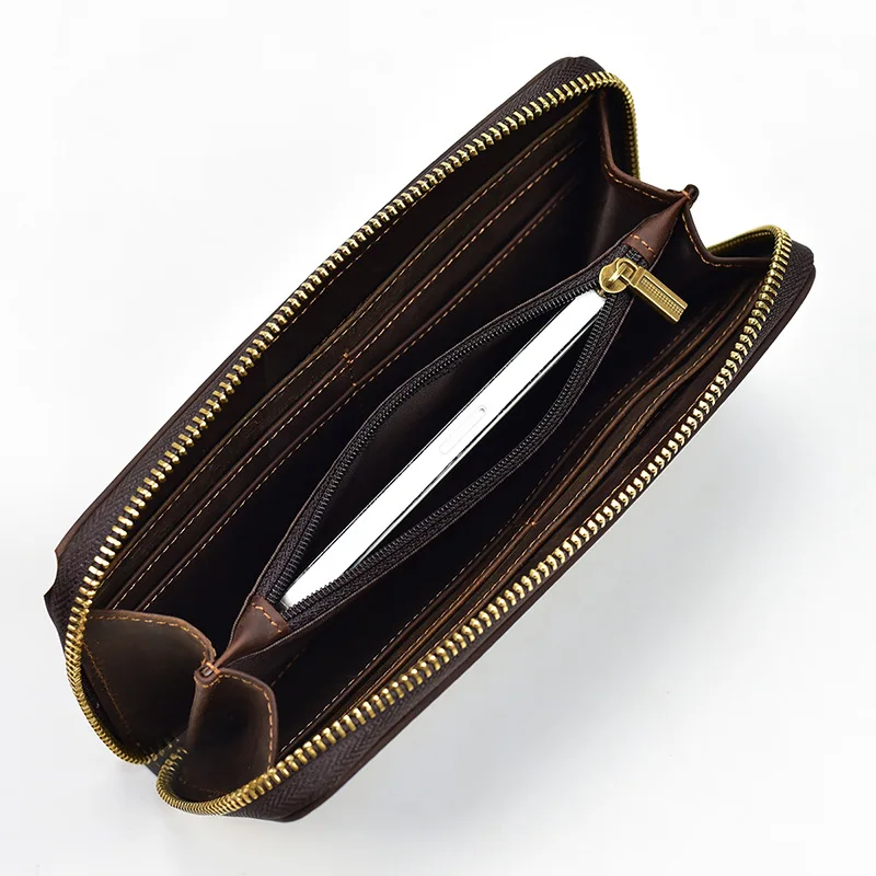 Luxury Double Zipper Women Men Long Wallet Vintage Leather Male Clutch Purse Man Phone Card Coin 100% Genuine Leather Men Wallet