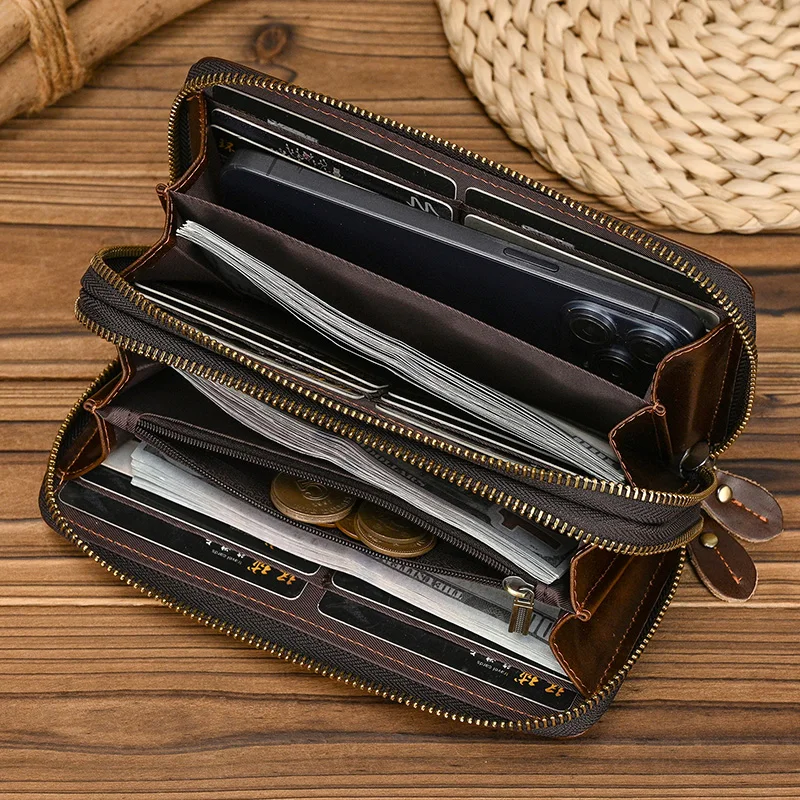 Luxury Double Zipper Women Men Long Wallet Vintage Leather Male Clutch Purse Man Phone Card Coin 100% Genuine Leather Men Wallet