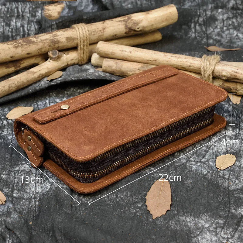 Luxury Double Zipper Women Men Long Wallet Vintage Leather Male Clutch Purse Man Phone Card Coin 100% Genuine Leather Men Wallet