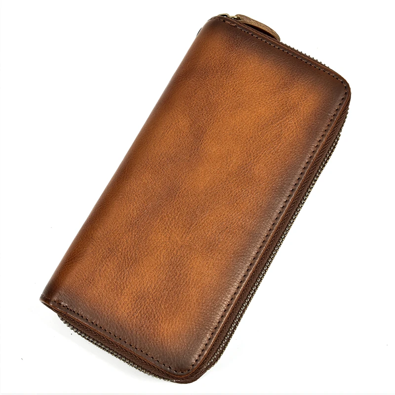 Luxury Double Zipper Women Men Long Wallet Vintage Leather Male Clutch Purse Man Phone Card Coin 100% Genuine Leather Men Wallet