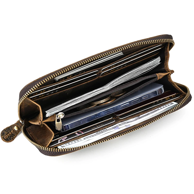 Luxury Double Zipper Women Men Long Wallet Vintage Leather Male Clutch Purse Man Phone Card Coin 100% Genuine Leather Men Wallet