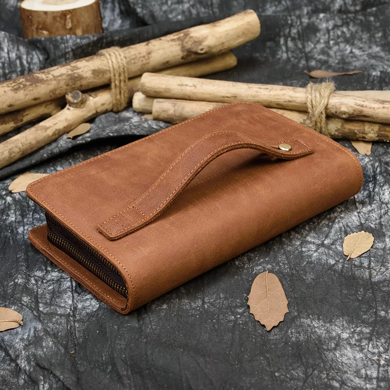 Luxury Double Zipper Women Men Long Wallet Vintage Leather Male Clutch Purse Man Phone Card Coin 100% Genuine Leather Men Wallet