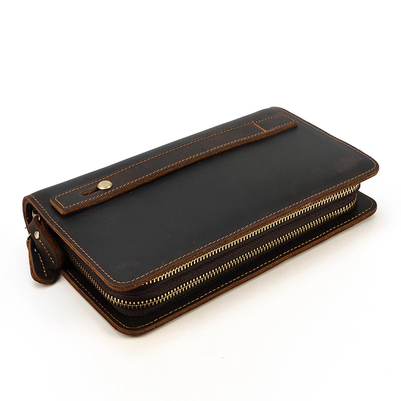 Luxury Double Zipper Women Men Long Wallet Vintage Leather Male Clutch Purse Man Phone Card Coin 100% Genuine Leather Men Wallet