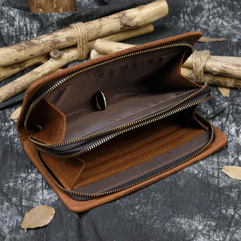 Luxury Double Zipper Women Men Long Wallet Vintage Leather Male Clutch Purse Man Phone Card Coin 100% Genuine Leather Men Wallet