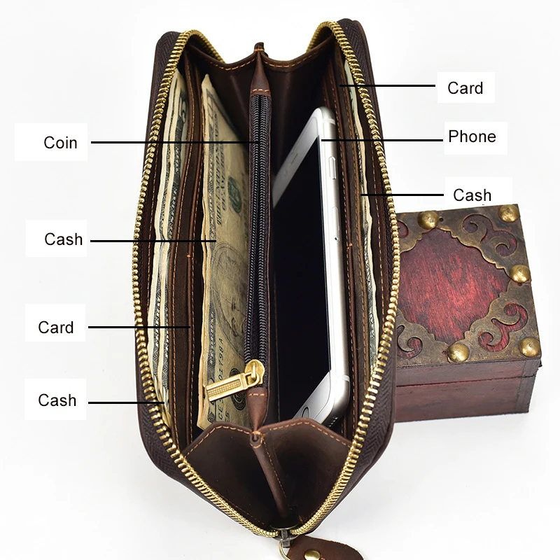 Luxury Double Zipper Women Men Long Wallet Vintage Leather Male Clutch Purse Man Phone Card Coin 100% Genuine Leather Men Wallet