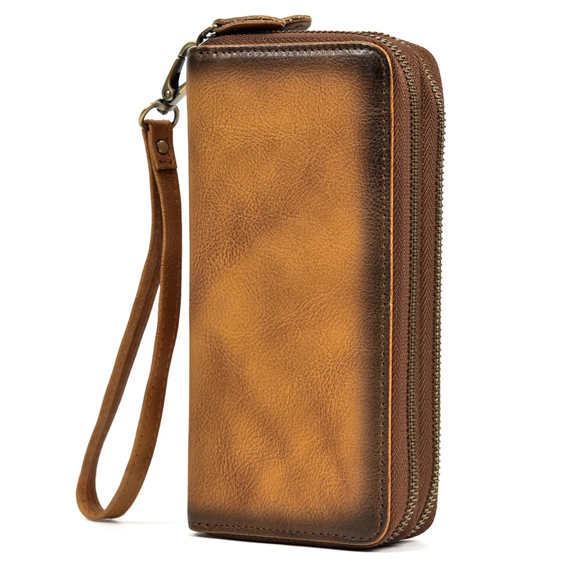 Luxury Double Zipper Women Men Long Wallet Vintage Leather Male Clutch Purse Man Phone Card Coin 100% Genuine Leather Men Wallet
