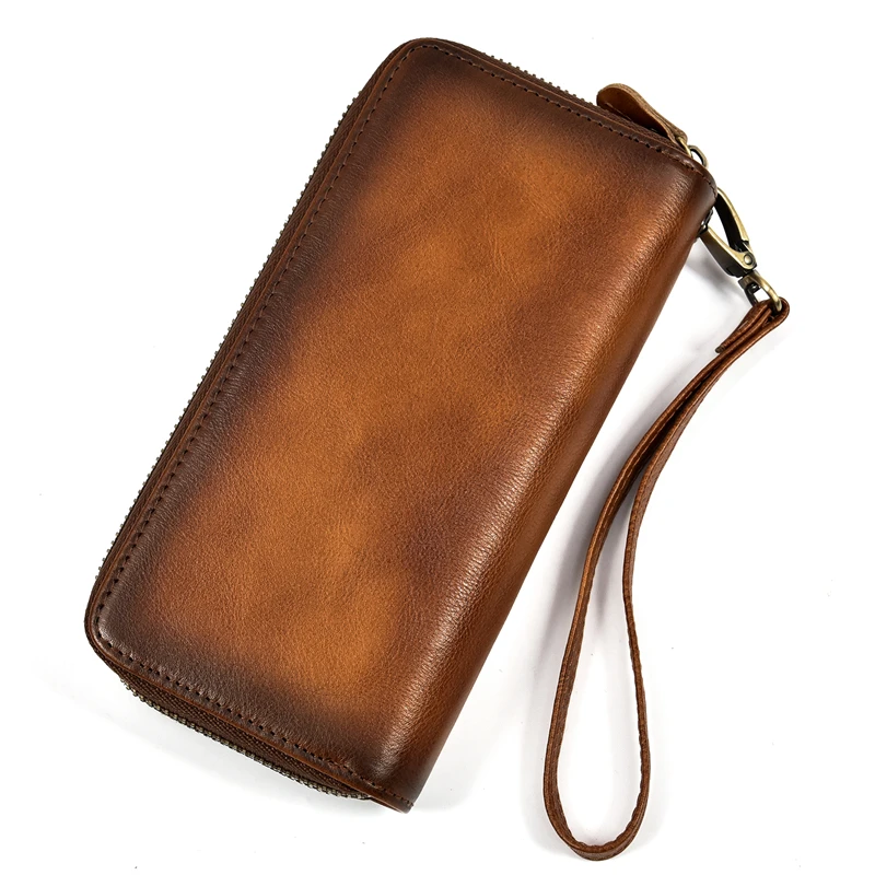 Luxury Double Zipper Women Men Long Wallet Vintage Leather Male Clutch Purse Man Phone Card Coin 100% Genuine Leather Men Wallet