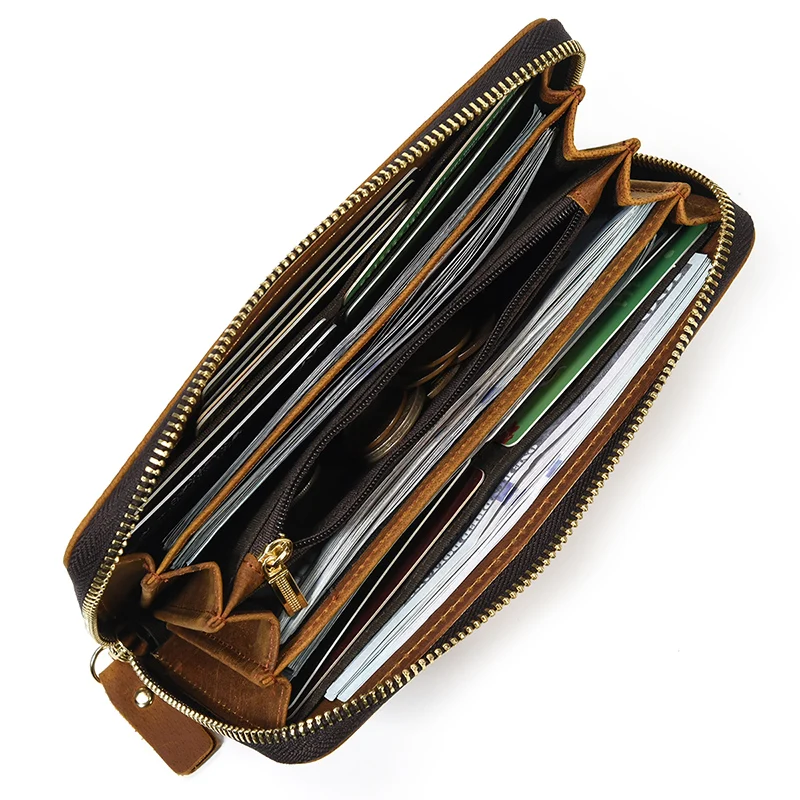 Luxury Double Zipper Women Men Long Wallet Vintage Leather Male Clutch Purse Man Phone Card Coin 100% Genuine Leather Men Wallet