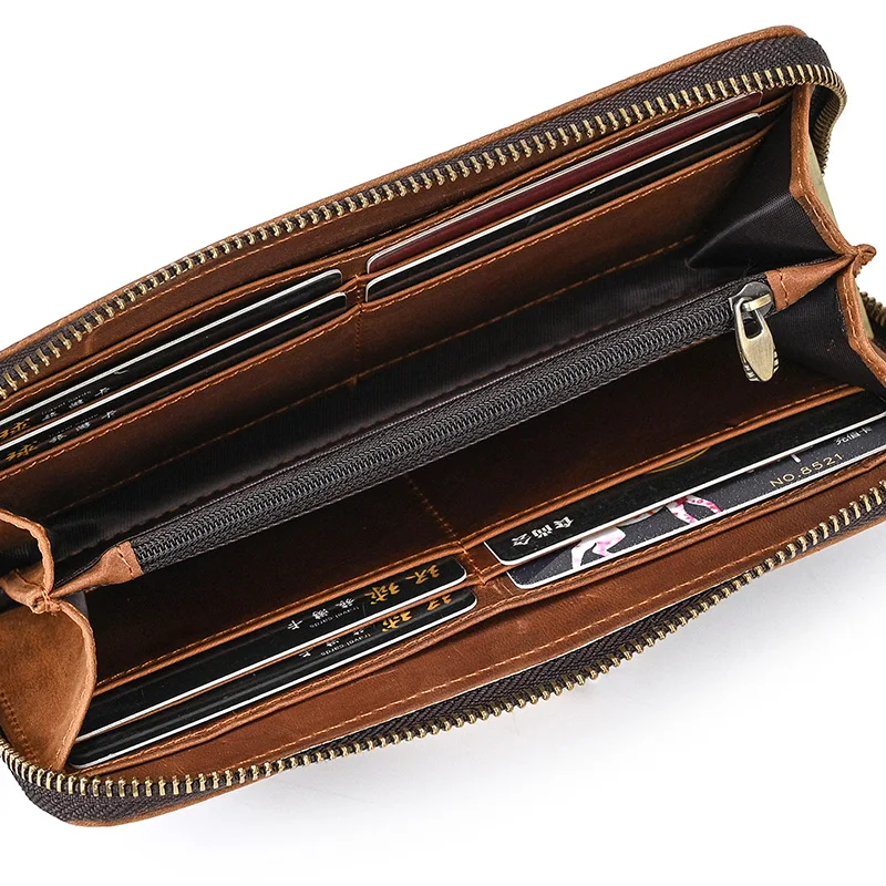 Luxury Double Zipper Women Men Long Wallet Vintage Leather Male Clutch Purse Man Phone Card Coin 100% Genuine Leather Men Wallet