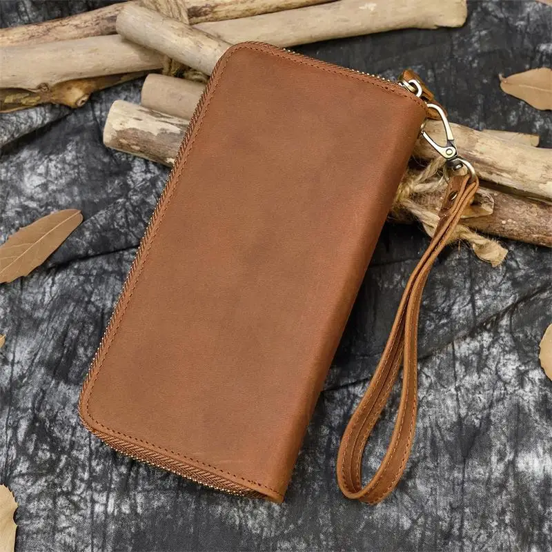 Luxury Double Zipper Women Men Long Wallet Vintage Leather Male Clutch Purse Man Phone Card Coin 100% Genuine Leather Men Wallet