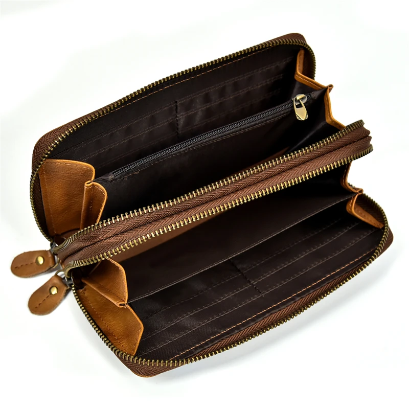 Luxury Double Zipper Women Men Long Wallet Vintage Leather Male Clutch Purse Man Phone Card Coin 100% Genuine Leather Men Wallet