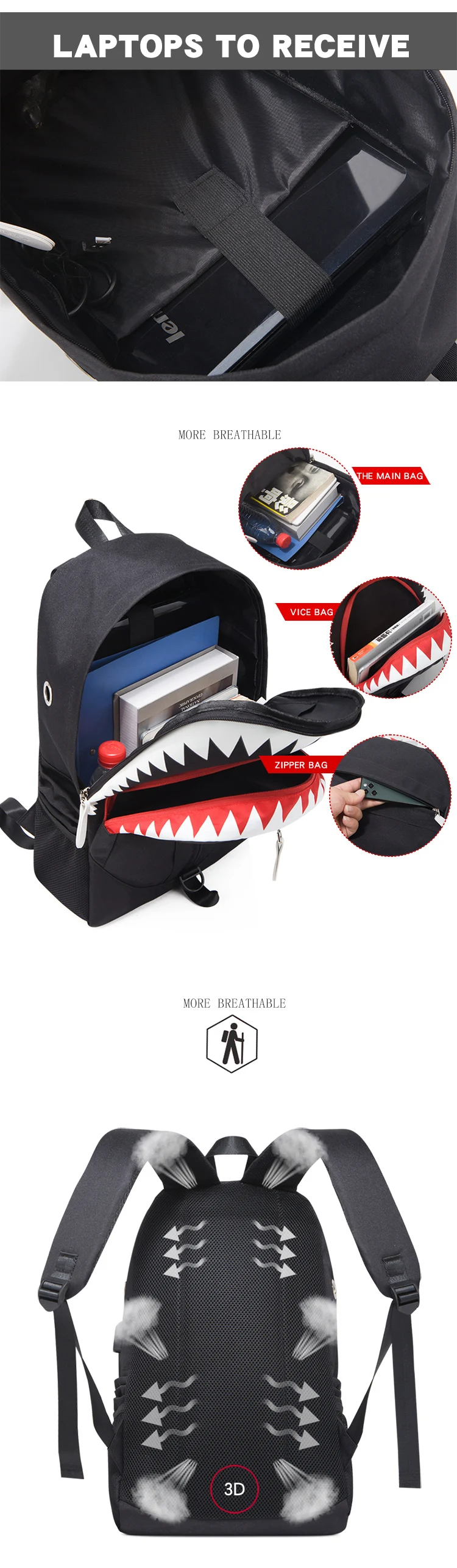 Fashion Backpack USB Charging Night Luminous Shark Laptop Backpack Students Chest Bag Teenagers School Bags Travel Bag