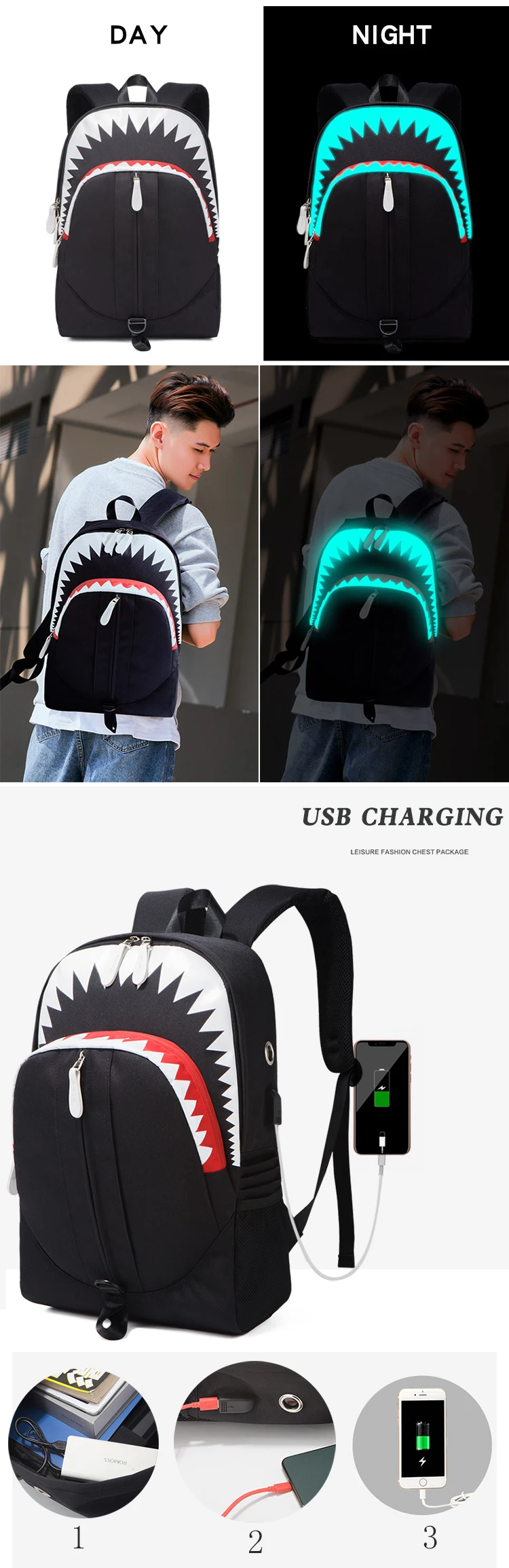 Fashion Backpack USB Charging Night Luminous Shark Laptop Backpack Students Chest Bag Teenagers School Bags Travel Bag
