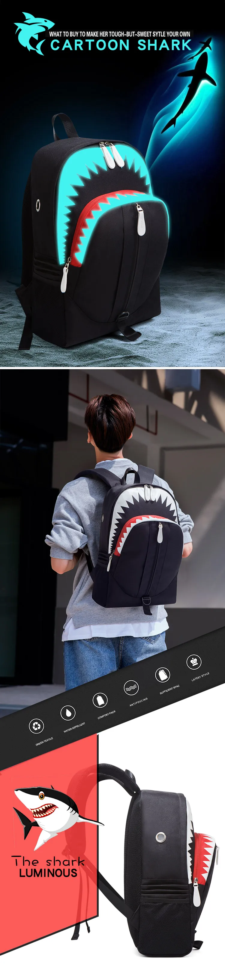 Fashion Backpack USB Charging Night Luminous Shark Laptop Backpack Students Chest Bag Teenagers School Bags Travel Bag